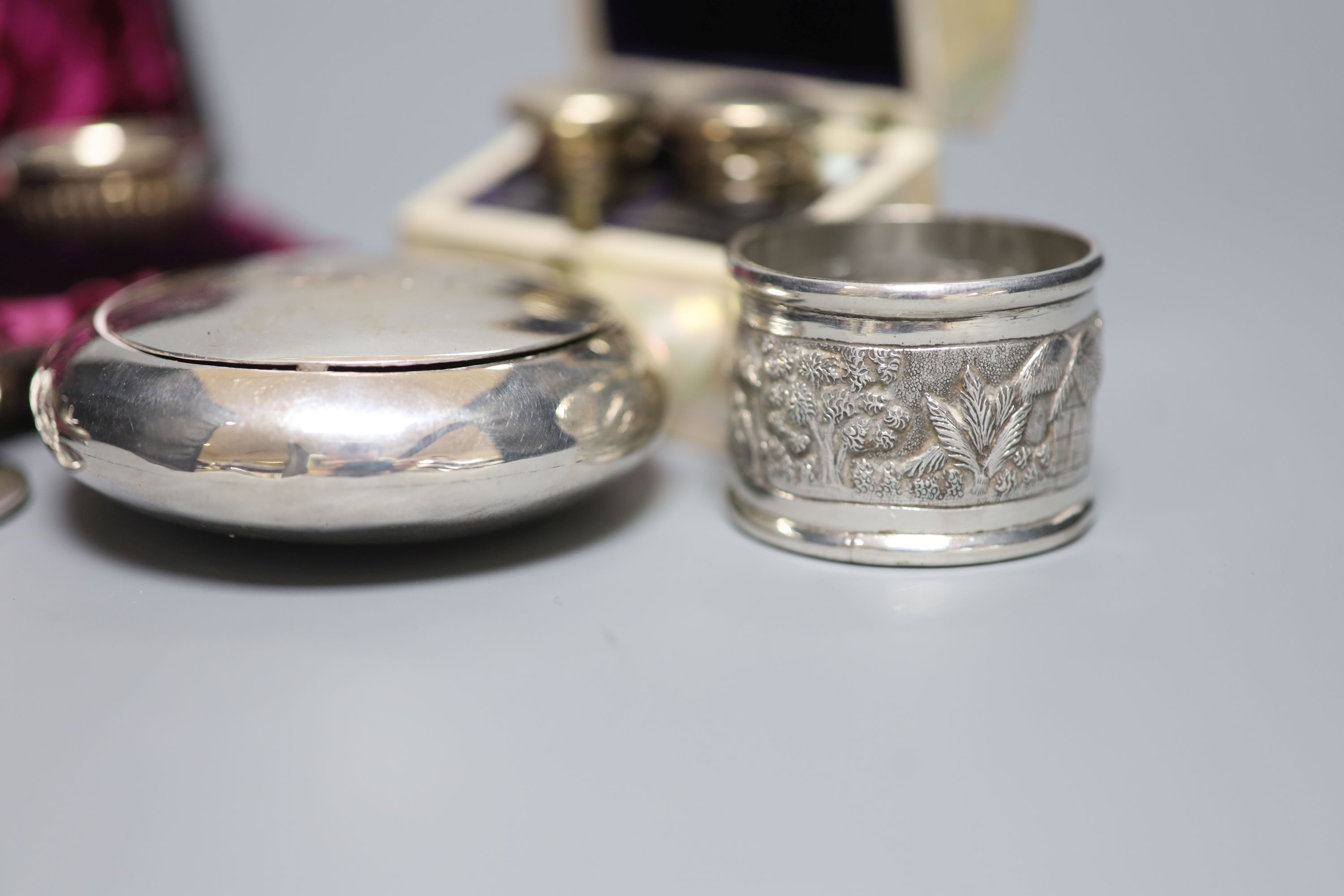 A group of small silverware, including Edwardian tobacco box, London, 1902, a cased pair of salts and a menu holder and other white metal items including Indian.